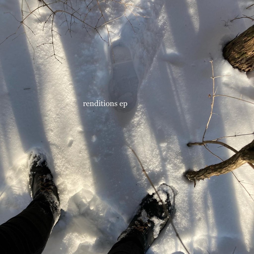 Album cover for Christopher Moor's Renditions EP. Features a downwards shot of the snowy ground with the feet (in boots) of a person standing there. Some branches are coming out of the snow.